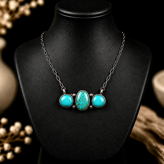 Kingman Turquoise bar necklace handcrafted by Native American artist Antoinette Martinez