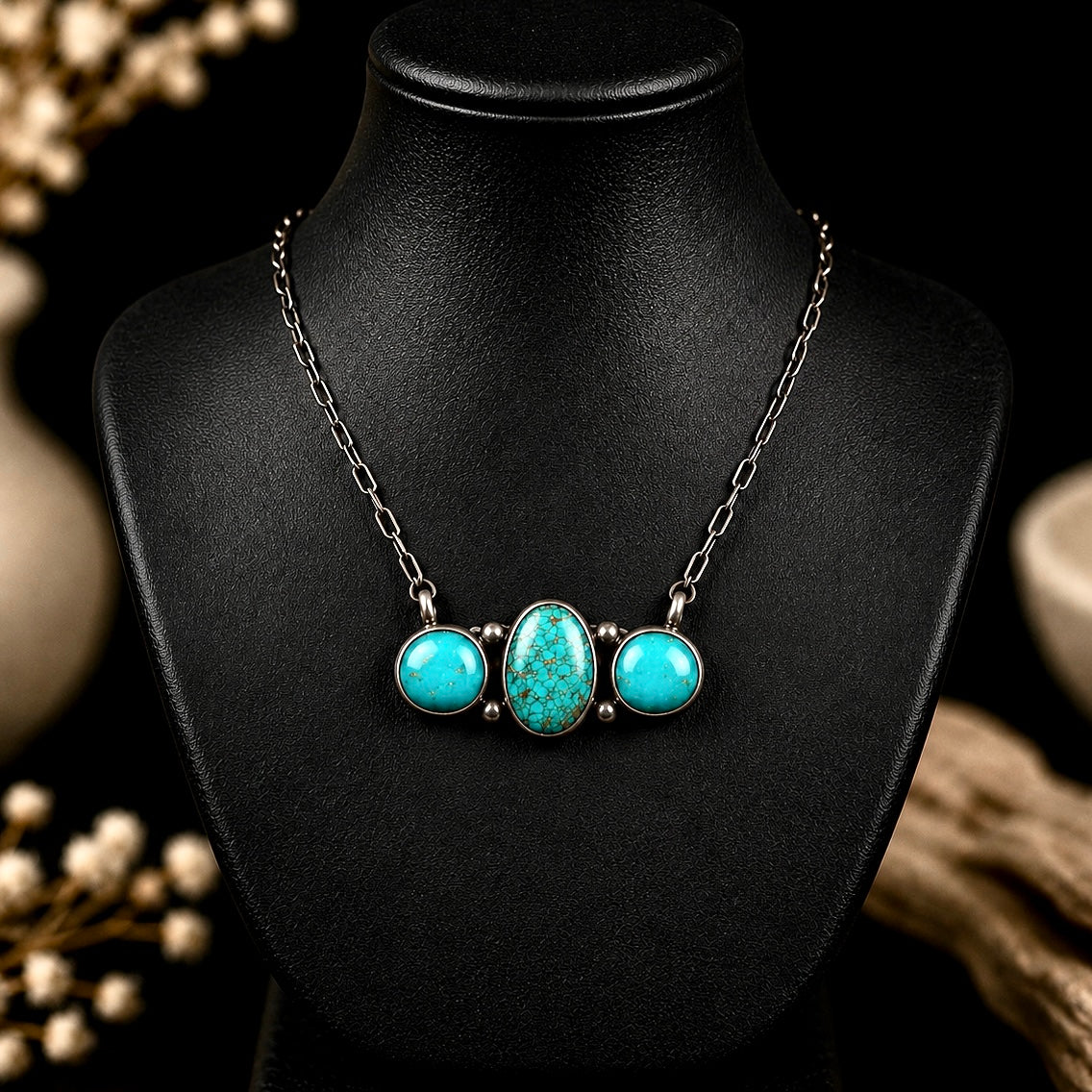 Kingman Turquoise bar necklace handcrafted by Native American artist Antoinette Martinez