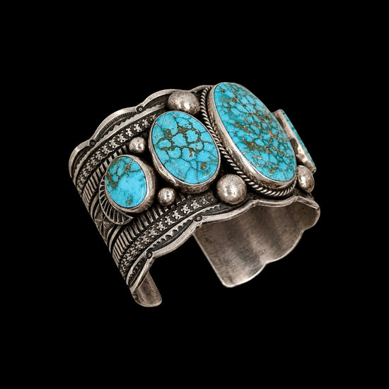 5 Stone Natural Birdseye Kingman Turquoise cuff handcrafted by Native American artist Guy Hoskie