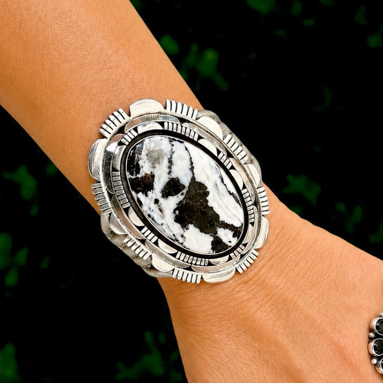 White Buffalo Dolomite cuff handcrafted by Native American artist Tom Lewis