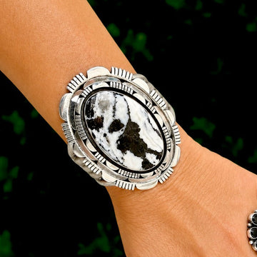 White Buffalo Dolomite cuff handcrafted by Native American artist Tom Lewis