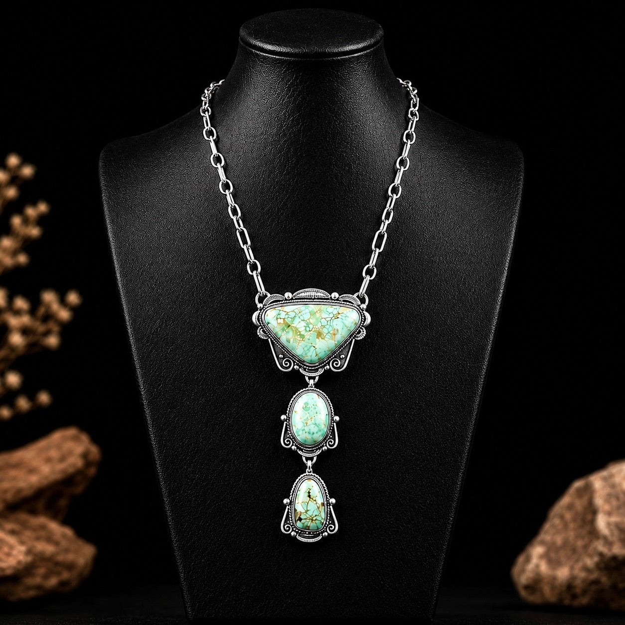 Kingman Turquoise lariat handcrafted by Native American artist Ronald Tom