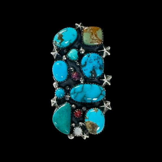 Mixed Mine Turquoise ring handcrafted by Native American artist Lorenzo and Jerilyn Chee