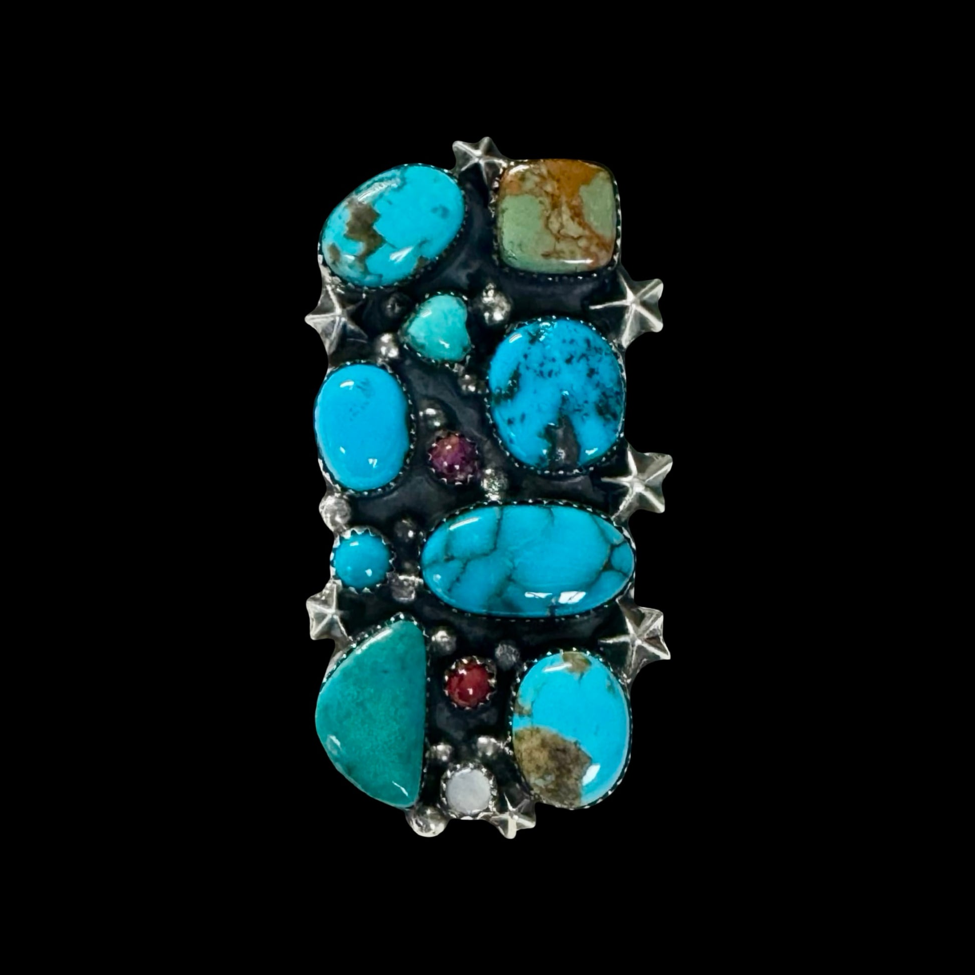 Mixed Mine Turquoise ring handcrafted by Native American artist Lorenzo and Jerilyn Chee