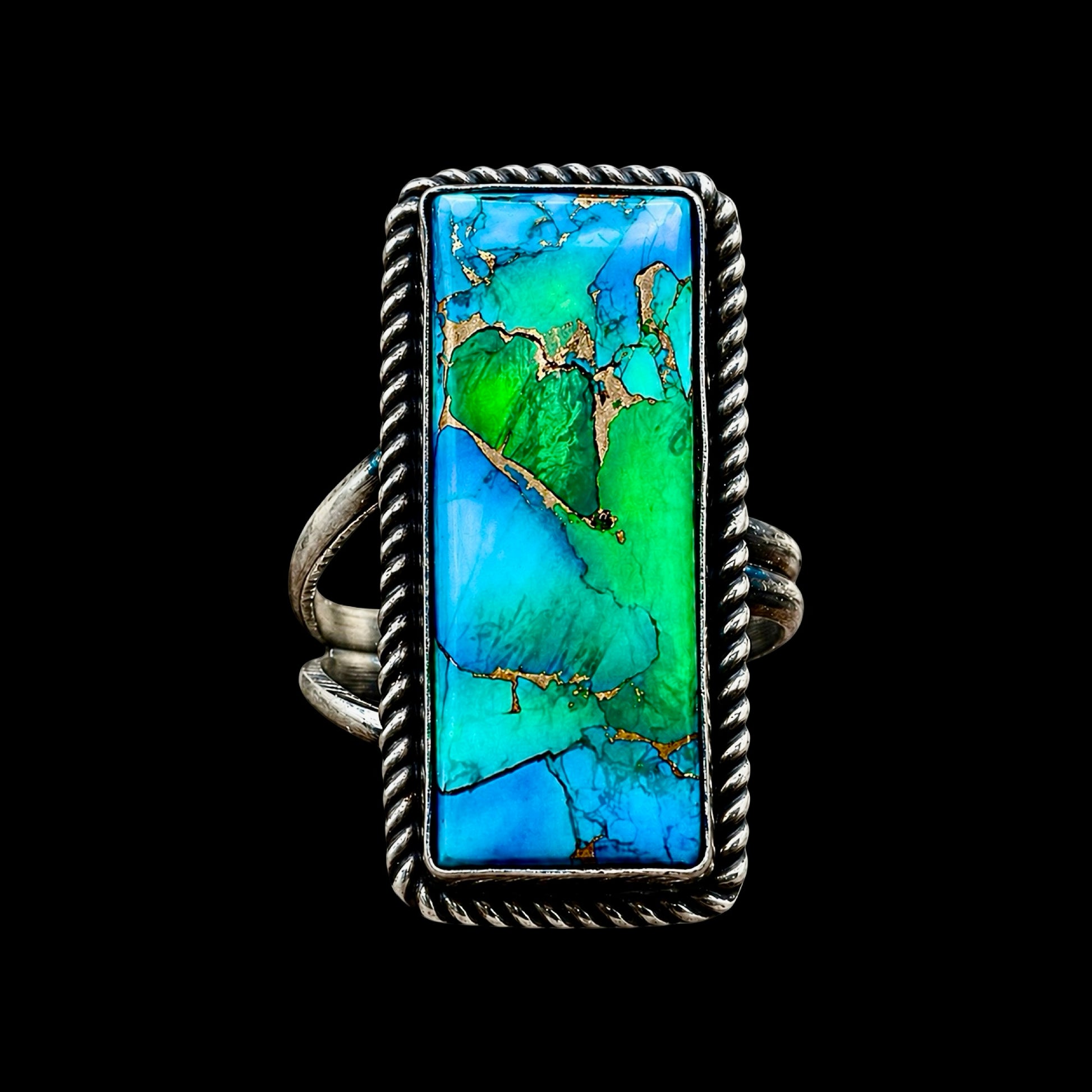 Peacock Dahlia ring handcrafted by Native American artist Tia Long