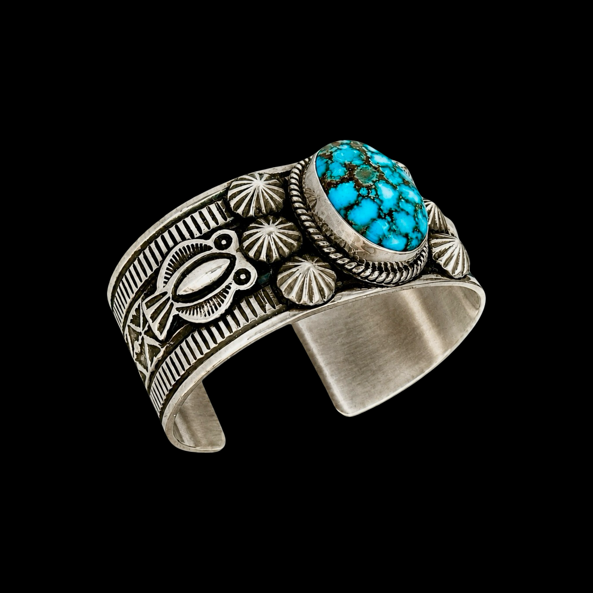 Natural Spiderweb Kingman Turquoise cuff handcrafted by Native American artist Andy Cadman