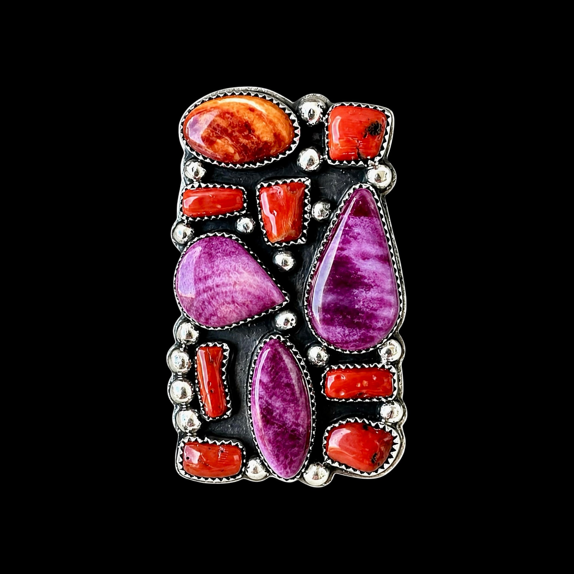 Natural Mediterranean Coral & Purple Spiny Oyster ring handcrafted by Native American artist Marcus Chavez