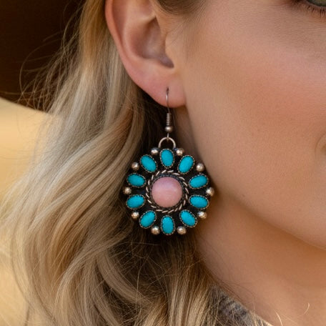 Campitos Turquoise and Pink Conch earrings handcrafted by Native American artist Lorenzo and Jerilyn Chee