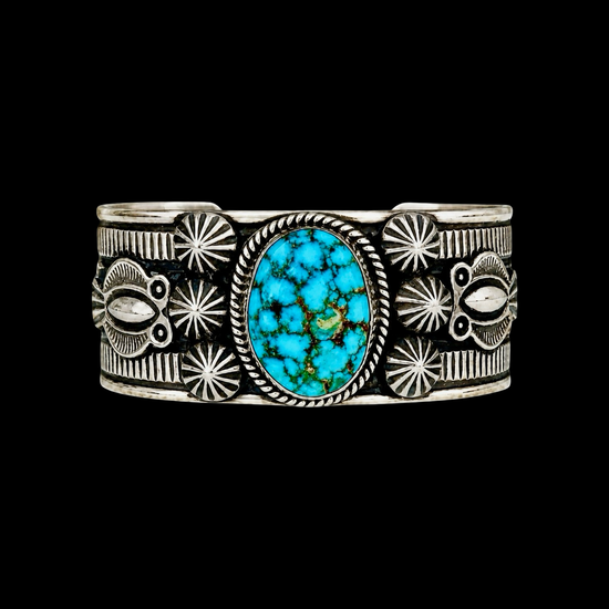 Natural Spiderweb Kingman Turquoise cuff handcrafted by Native American artist Andy Cadman