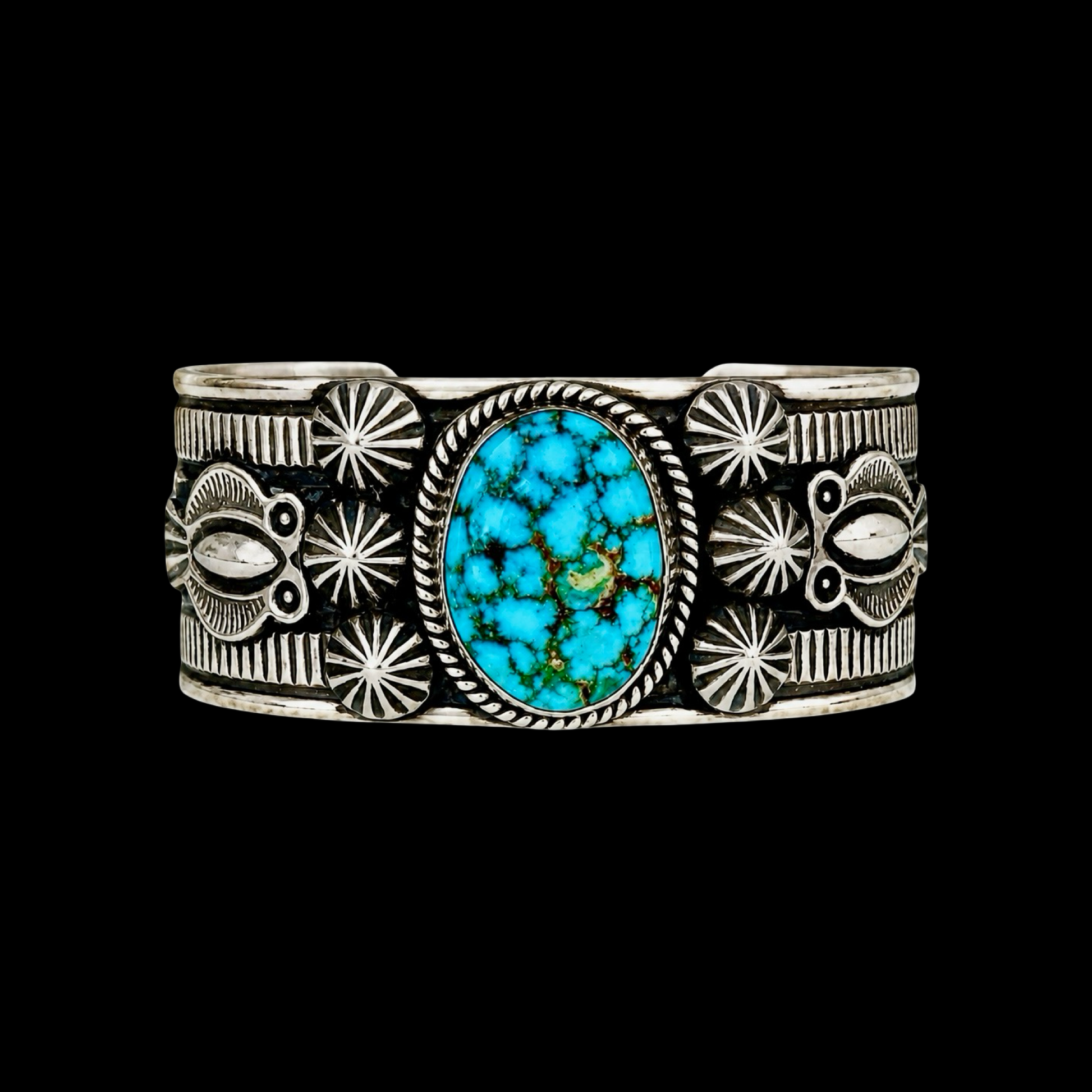 Natural Spiderweb Kingman Turquoise cuff handcrafted by Native American artist Andy Cadman