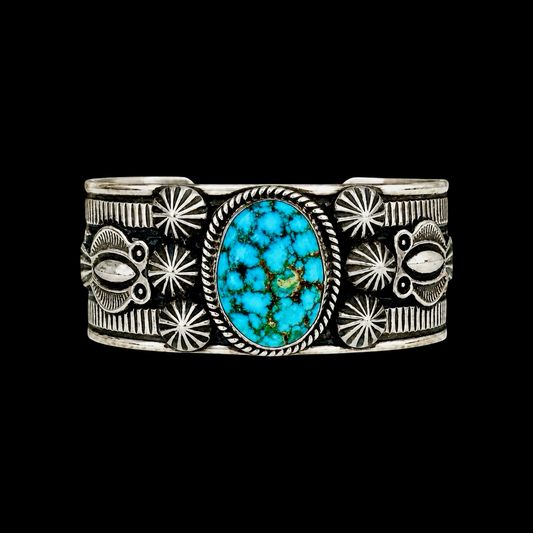 Natural Spiderweb Kingman Turquoise cuff handcrafted by Native American artist Andy Cadman