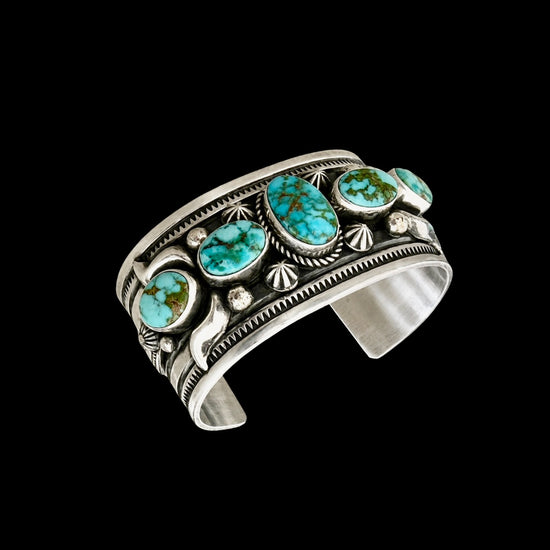 5 Stone Natural Sonoran Gold Turquoise cuff handcrafted by Native American artist Albert Jake (Heavy by Hand)