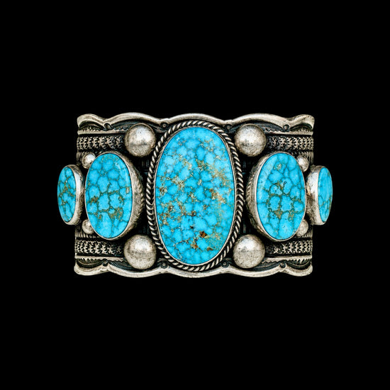 5 Stone Natural Birdseye Kingman Turquoise cuff handcrafted by Native American artist Guy Hoskie