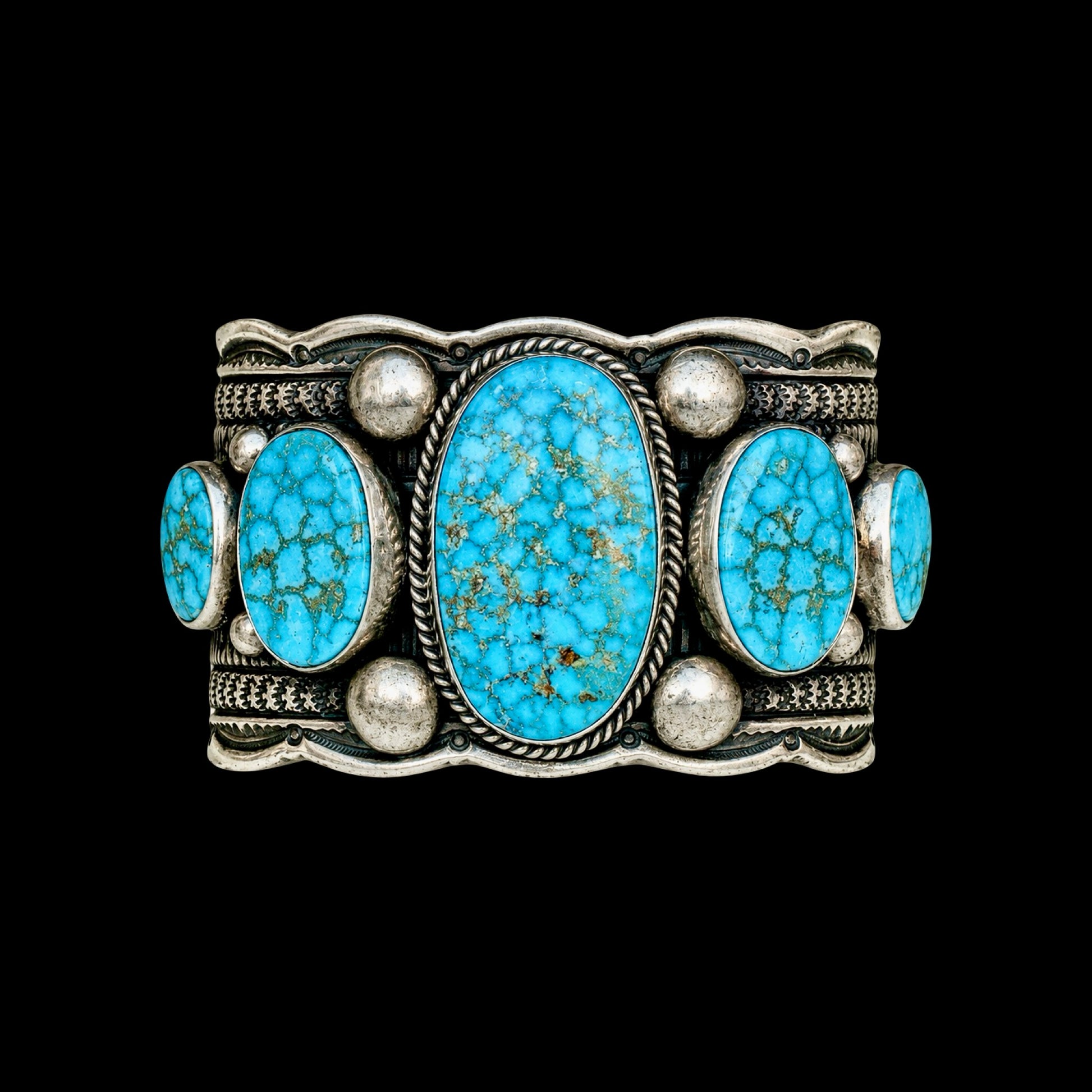 5 Stone Natural Birdseye Kingman Turquoise cuff handcrafted by Native American artist Guy Hoskie