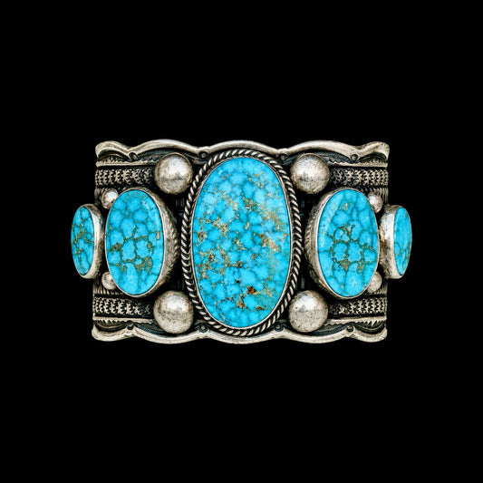 5 Stone Natural Birdseye Kingman Turquoise cuff handcrafted by Native American artist Guy Hoskie