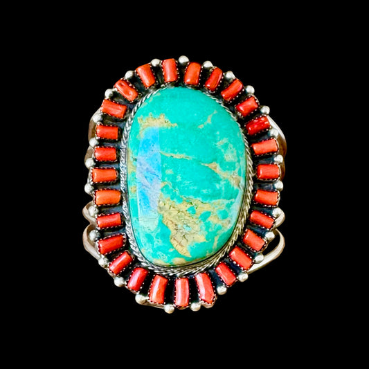 Royston Turquoise & Mediterranean Coral cuff handcrafted by Native American artist Lorenzo and Jerilyn Chee