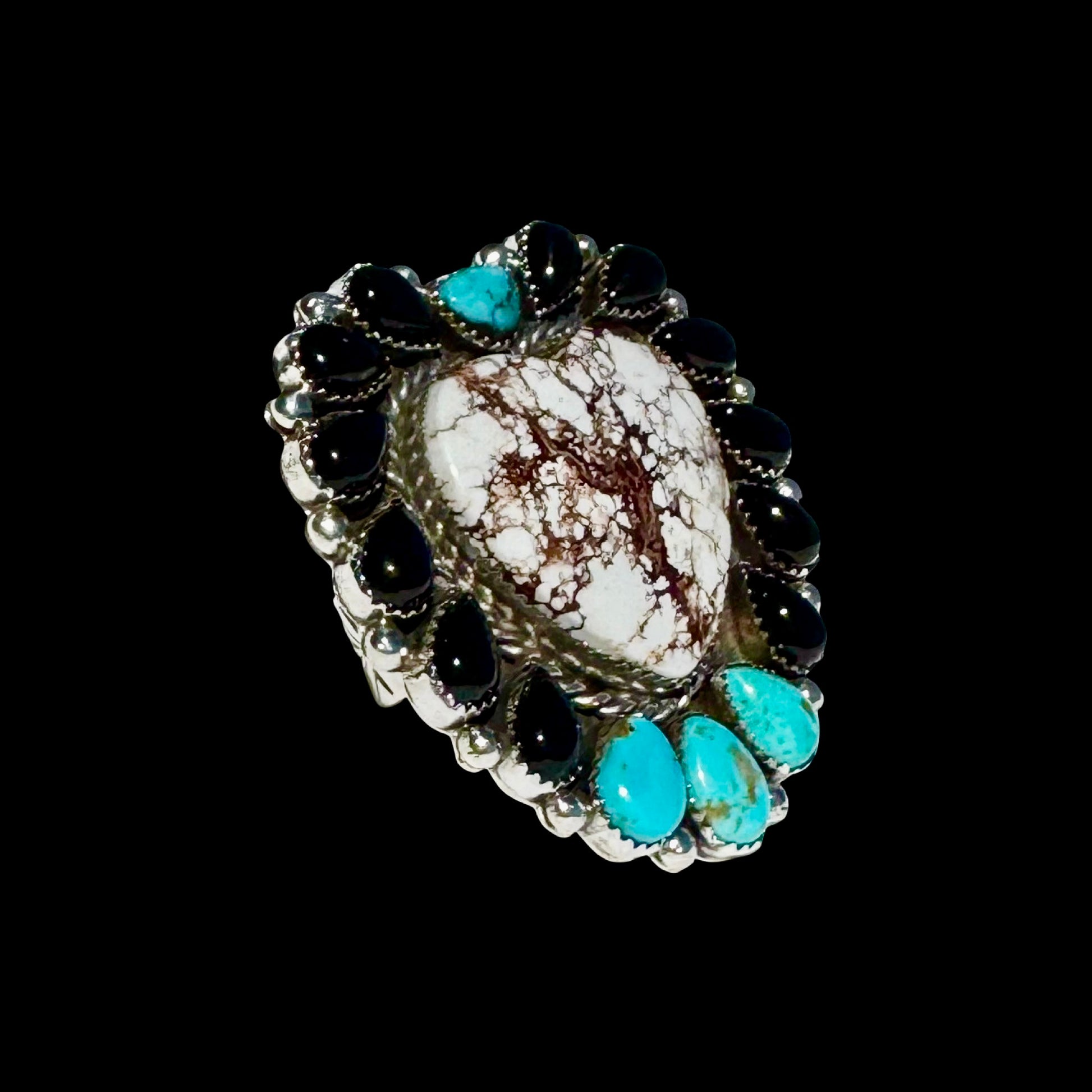 Campitos Turquoise, Black Onyx & Wild Horse Jasper ring handcrafted by Native American artist Lorenzo and Jerilyn Chee