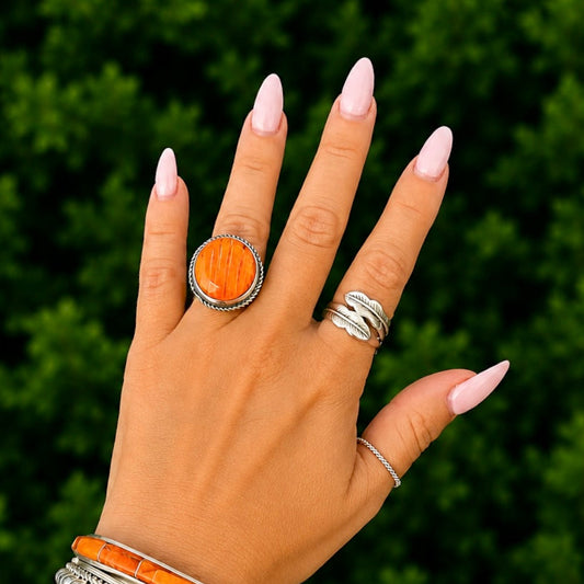 Orange Spiny Oyster ring handcrafted by Native American artist Antoinette Martinez