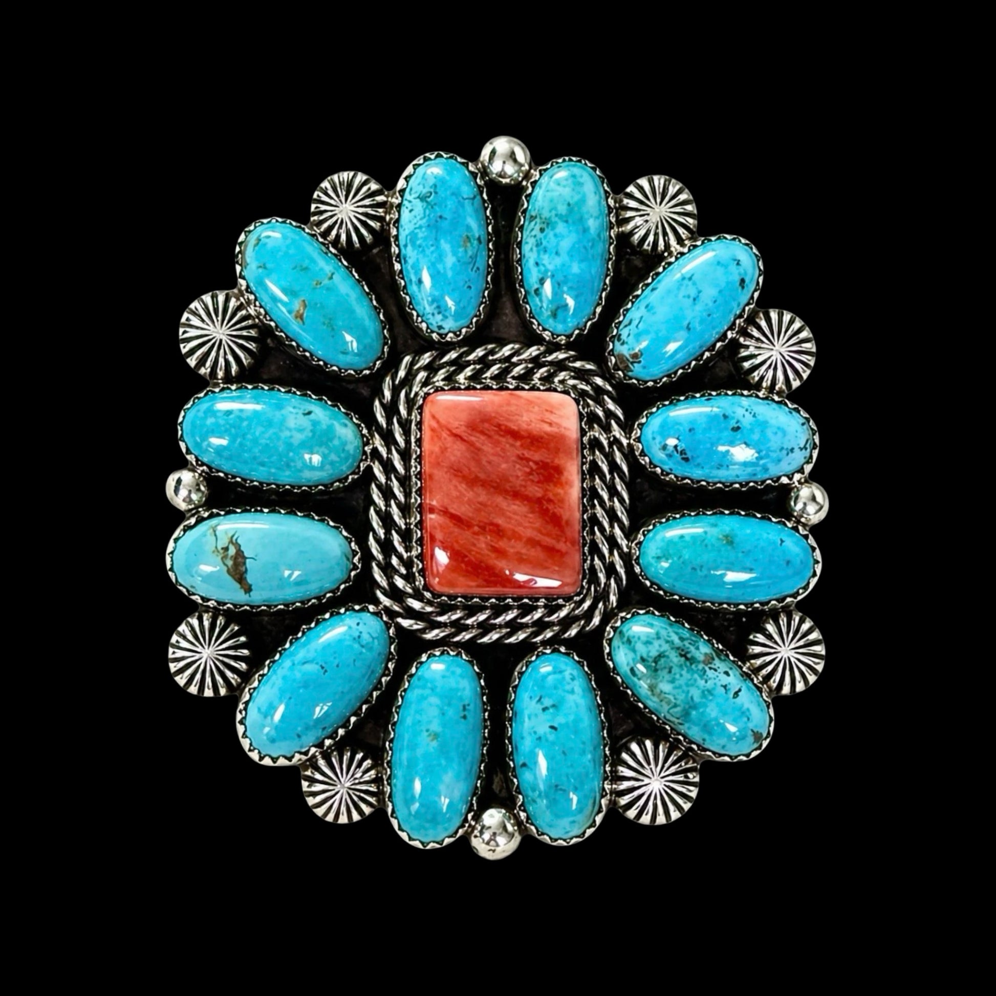 Campitos Turquoise with Red Spiny Oyster ring handcrafted by Native American artist Lorenzo and Jerilyn Chee