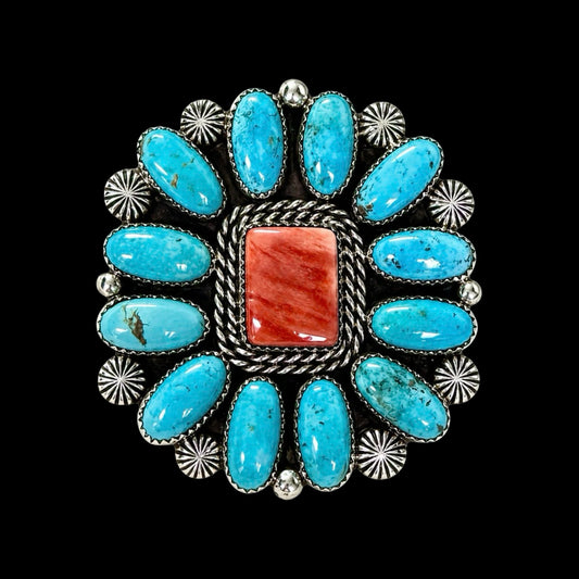 Campitos Turquoise with Red Spiny Oyster ring handcrafted by Native American artist Lorenzo and Jerilyn Chee
