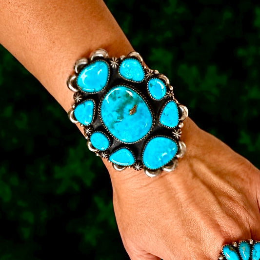 High-Grade Blue Diamond Turquoise cuff handcrafted by Native American artist Marcus Chavez
