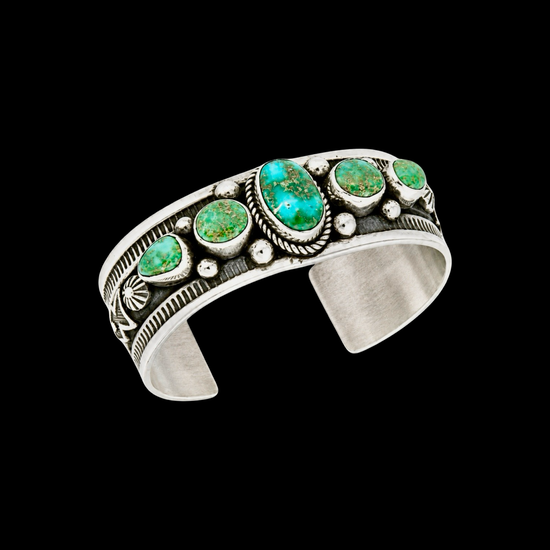 5 Stone High-Grade Sonoran Gold Turquoise cuff handcrafted by Native American artist Albert Jake (Heavy by Hand)
