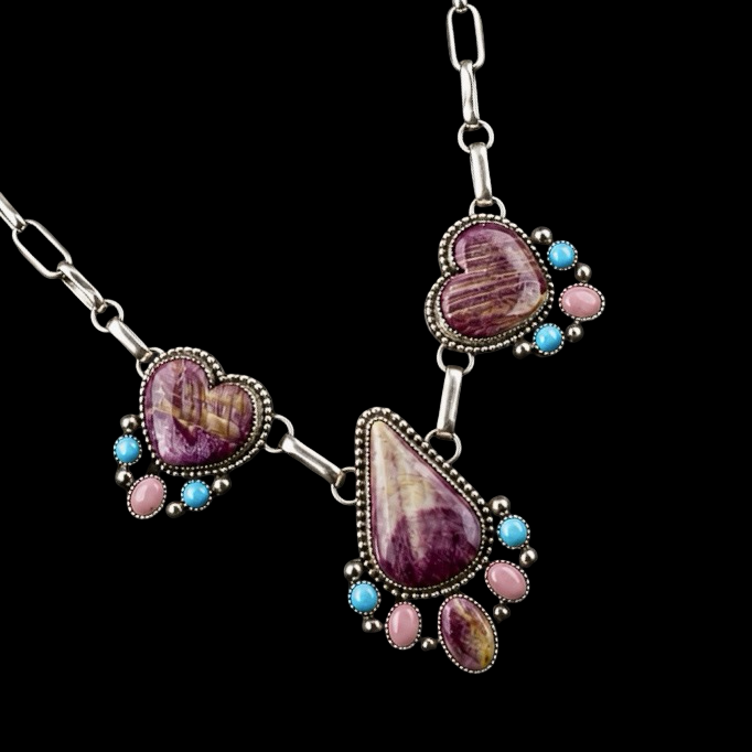 Purple Spiny Oyster, Pink Conch and Kingman Turquoise necklace handcrafted by Native American artist Chris Etsitty