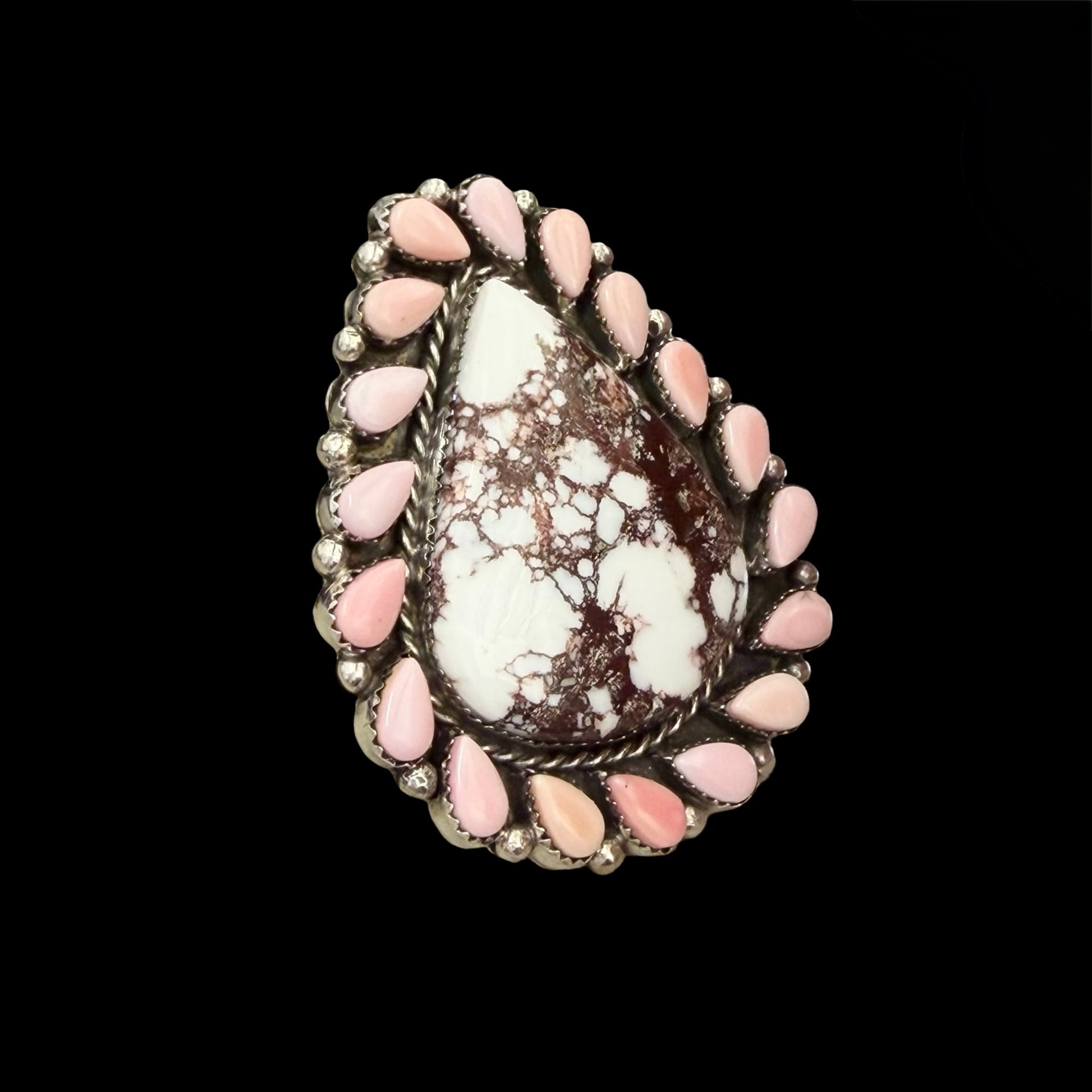 Wild Horse Jasper & Pink Conch ring handcrafted by Native American artist Lorenzo and Jerilyn Chee
