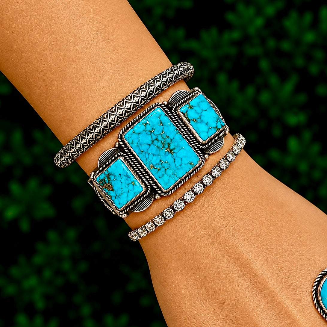 Natural Birdseye Kingman cuff handcrafted by Native American artist Derrick Gordon