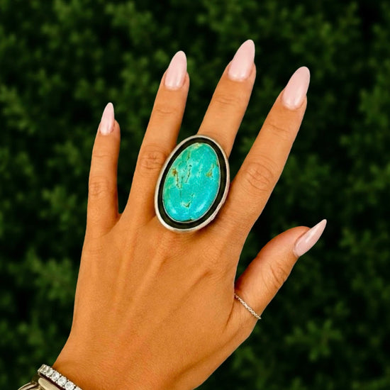 Royston Turquoise ring handcrafted by Native American artist Lorenzo and Jerilyn Chee