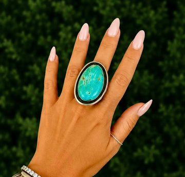 Royston Turquoise ring handcrafted by Native American artist Lorenzo and Jerilyn Chee