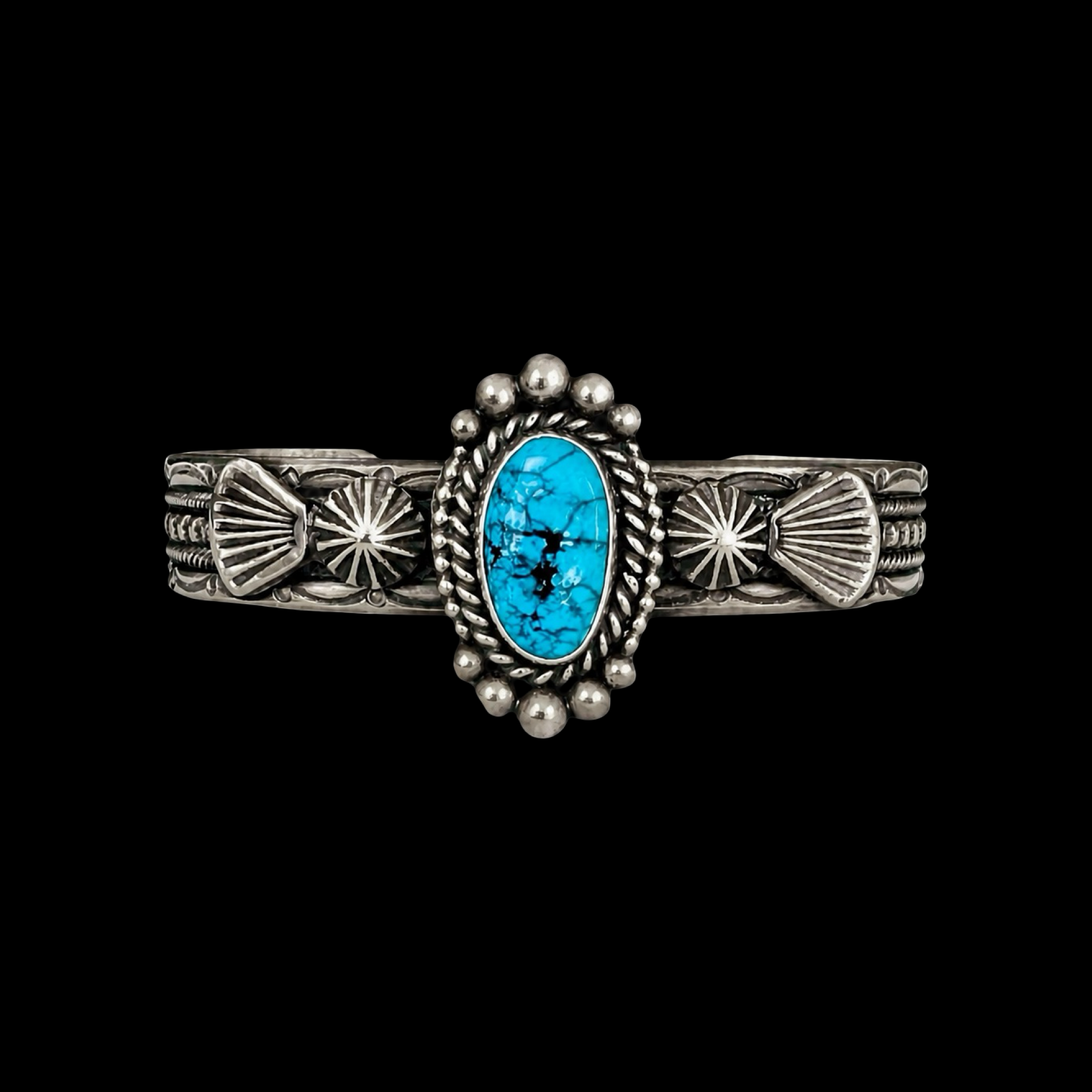 Natural Black Spiderweb Kingman Turquoise cuff handcrafted by Native American artist Michael Calladitto