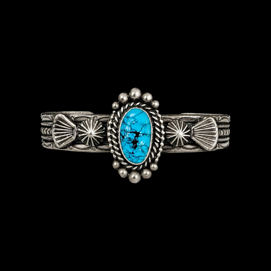 Natural Black Spiderweb Kingman Turquoise cuff handcrafted by Native American artist Michael Calladitto
