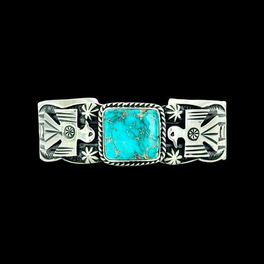 Natural Royston Turquoise cuff handcrafted by Native American artist Andy Cadman