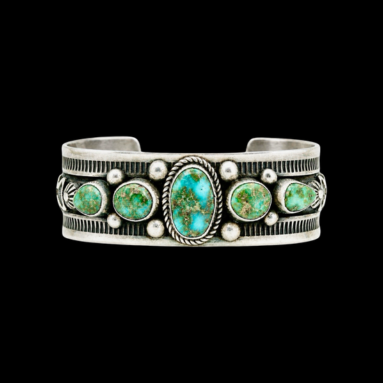 5 Stone High-Grade Sonoran Gold Turquoise cuff handcrafted by Native American artist Albert Jake (Heavy by Hand)