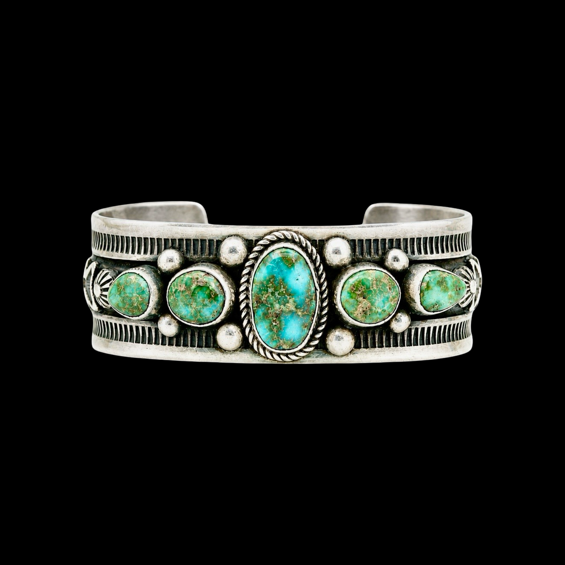 5 Stone High-Grade Sonoran Gold Turquoise cuff handcrafted by Native American artist Albert Jake (Heavy by Hand)