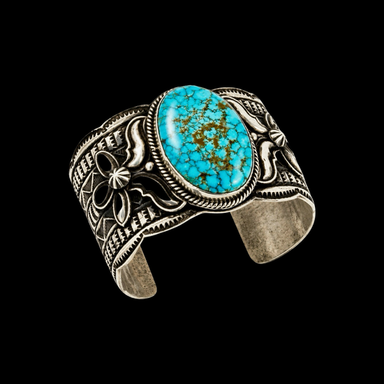 Natural Kingman Turquoise cuff handcrafted by Native American artist Andy Cadman