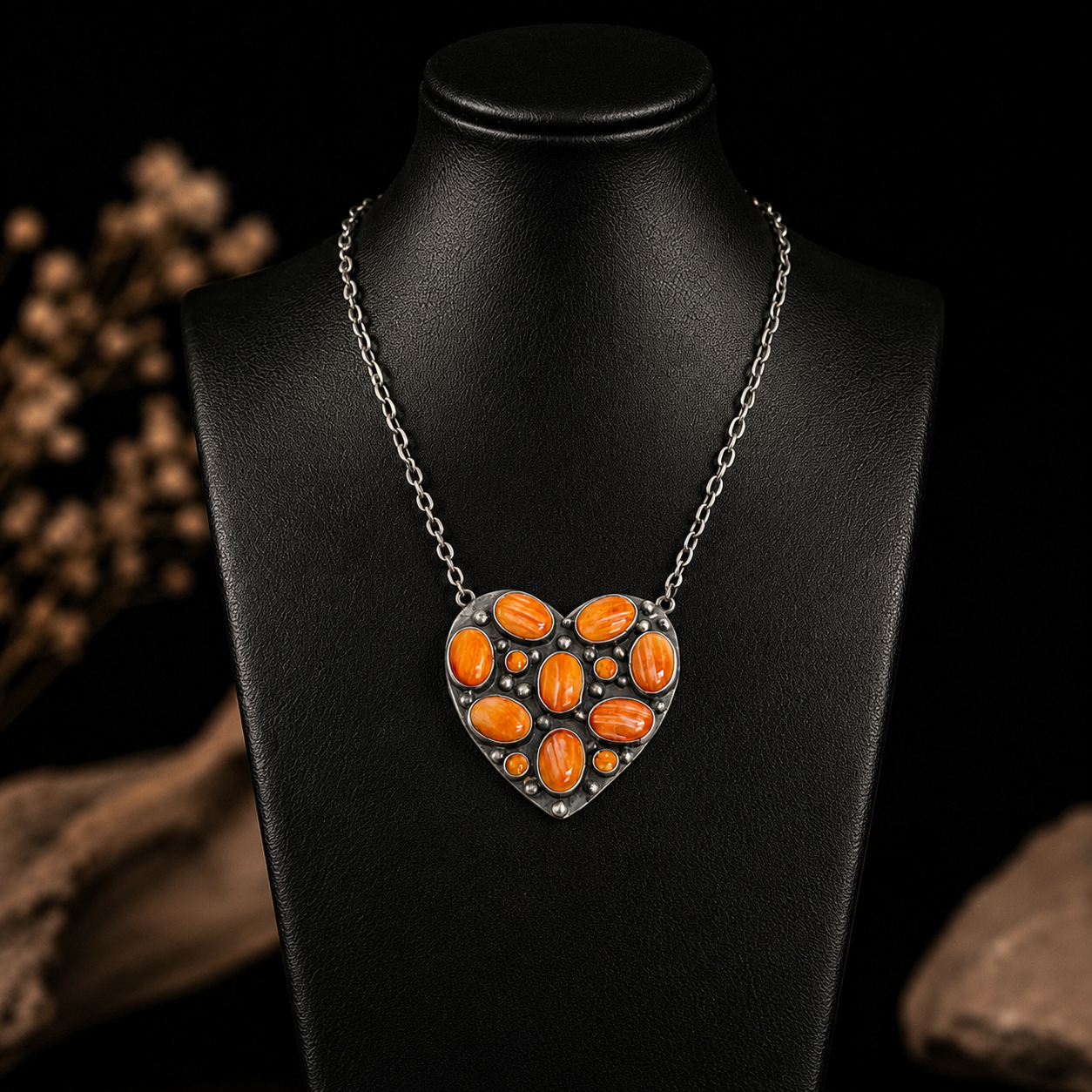 Orange Spiny Oyster necklace handcrafted by Native American artist Shiela Tso