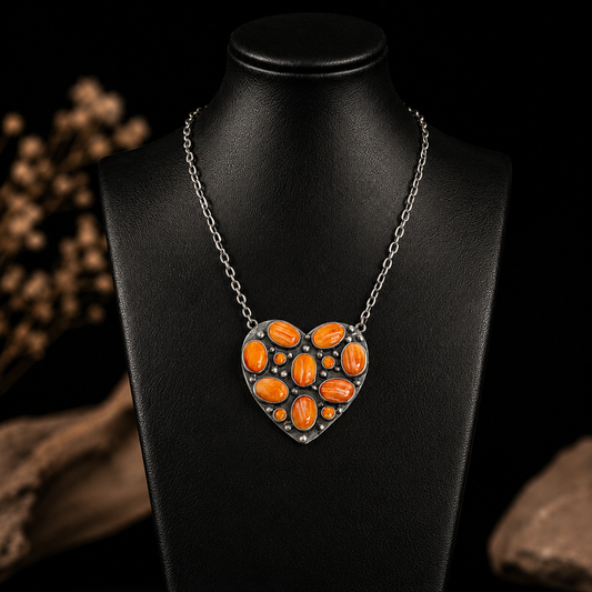 Orange Spiny Oyster necklace handcrafted by Native American artist Shiela Tso