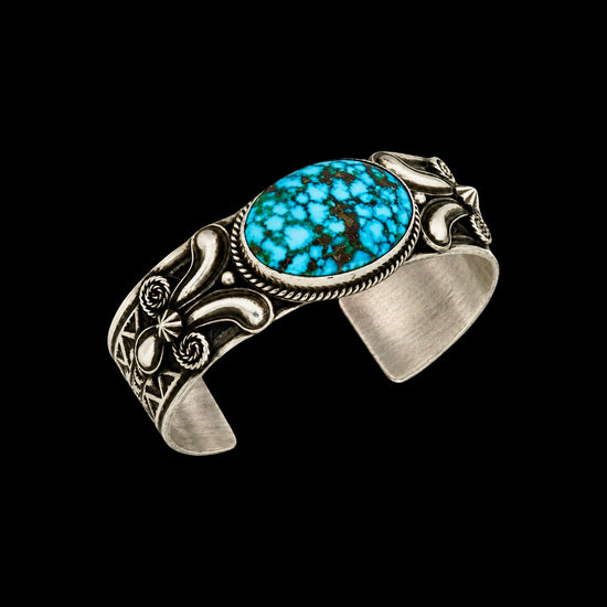 Natural Black Web Kingman Turquoise cuff handcrafted by Native American artist Andy Cadman