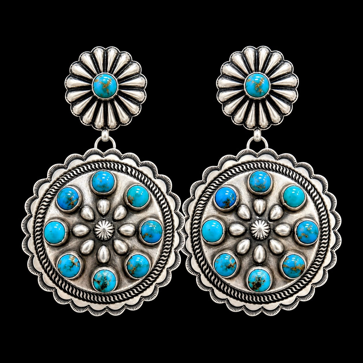 Royston Turquoise earrings handcrafted by Native American artist Eugene Charlie