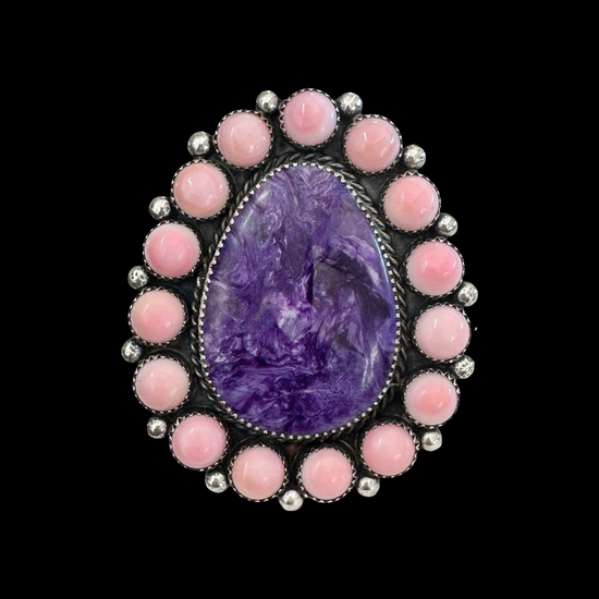 Charoite & Pink Conch ring handcrafted by Native American artist Marcus Chavez