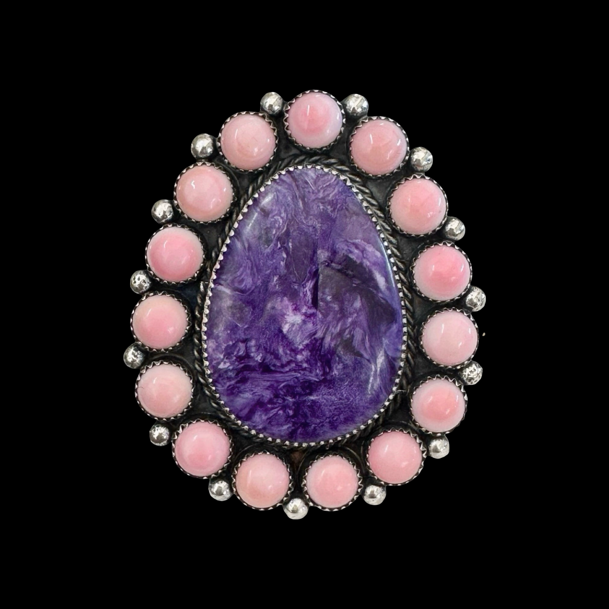 Charoite & Pink Conch ring handcrafted by Native American artist Marcus Chavez