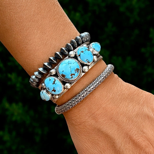 The Elionelle Row Cuff - Natural Golden Hills Turquoise by Albert Jake (Heavy by Hand)