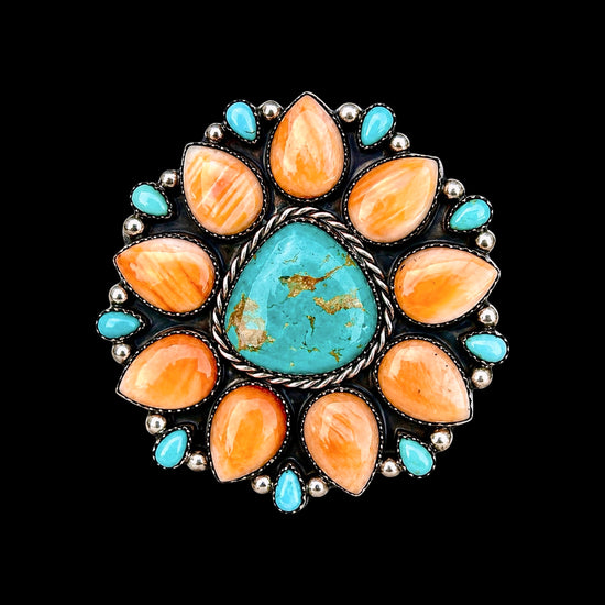 Royston Turquoise & Orange Spiny Oyster ring handcrafted by Native American artist Lorenzo and Jerilyn Chee