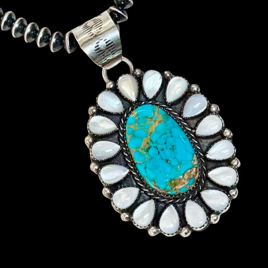 Kingman Turquoise & MOP pendant handcrafted by Native American artist Lorenzo and Jerilyn Chee ￼