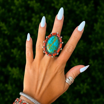 The Carla Ring (Adjustable)- Royston Turquoise & Mediterranean Coral by Lorenzo and Jerilyn Chee