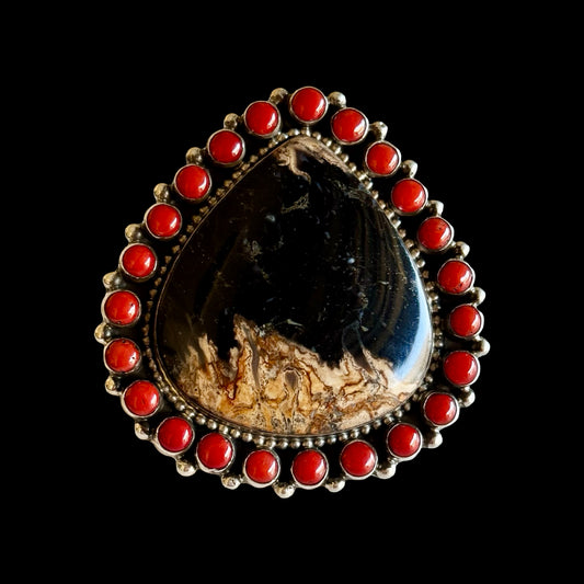 Picture Jasper & Mediterranean Coral (Adjustable) ring handcrafted by Native American artist Geraldine James