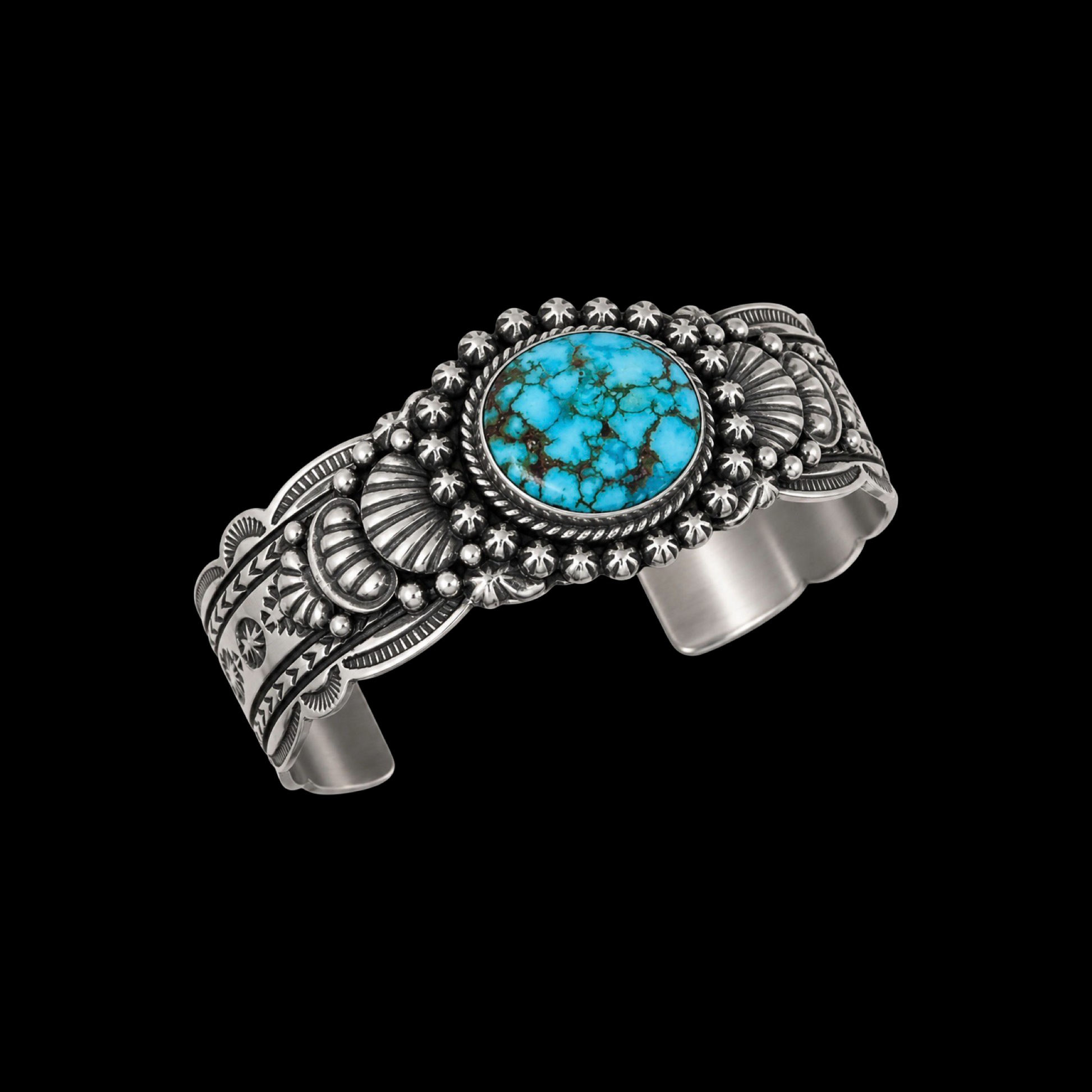 Natural Spiderweb Kingman Turquoise cuff handcrafted by Native American artist Happy Piasso