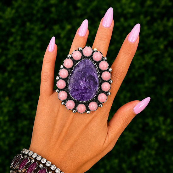 Charoite & Pink Conch ring handcrafted by Native American artist Marcus Chavez